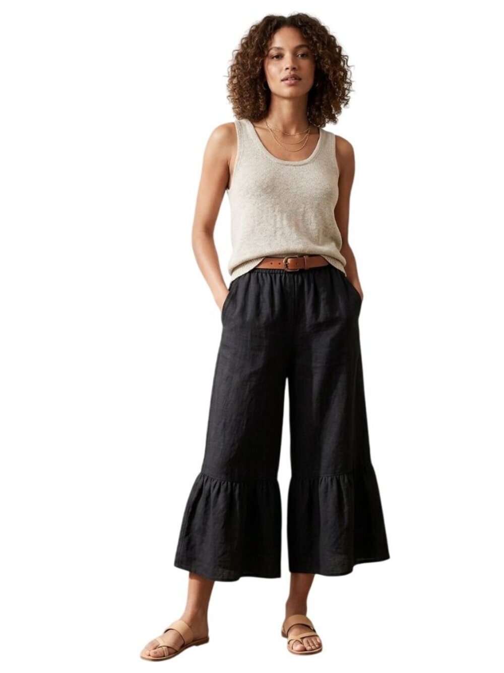 Banana Republic Wide Leg Flounce Bottom Black Linen Blend Pull On Pants Size L